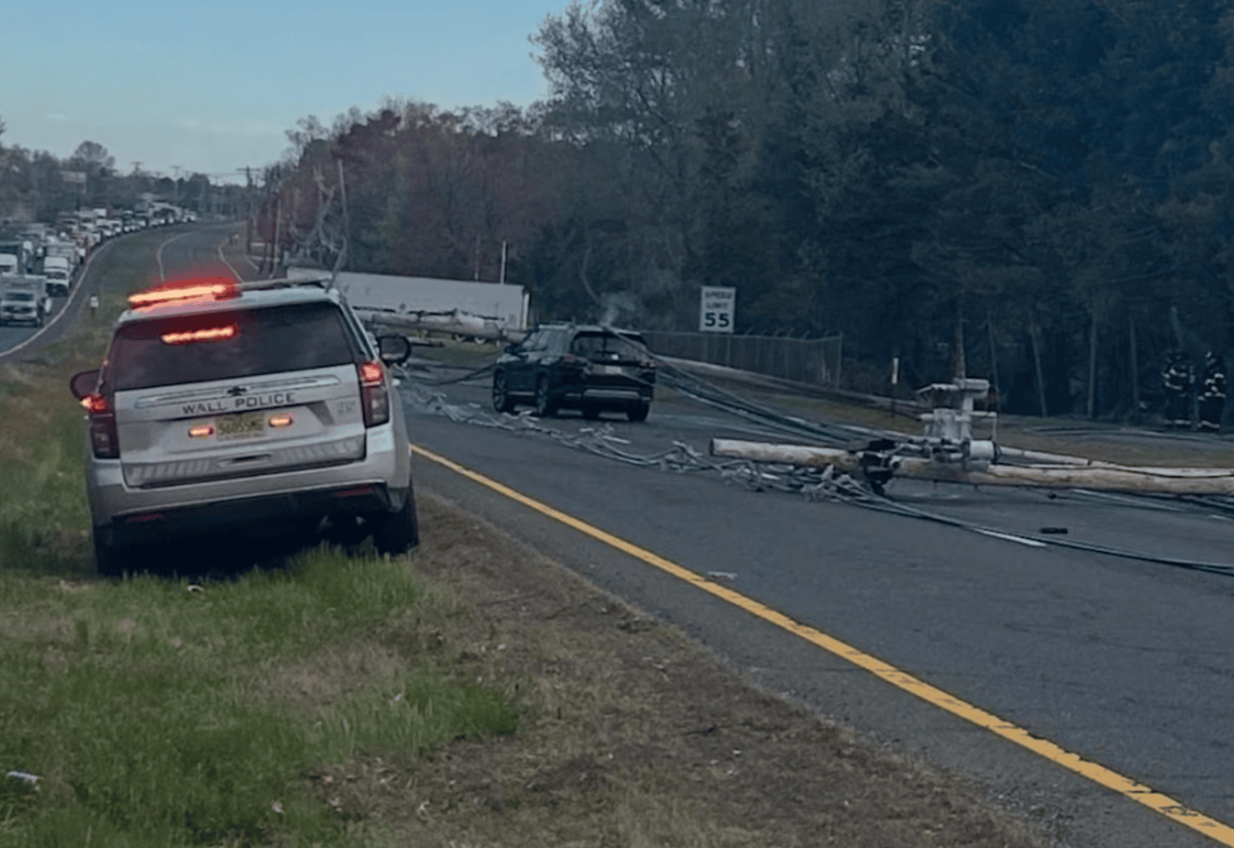 Tractor-Trailer Exiting Business takes Live Wires down